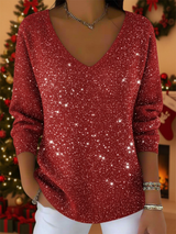 Dames Glitter Sweater met V-hals en Lange Mouwen