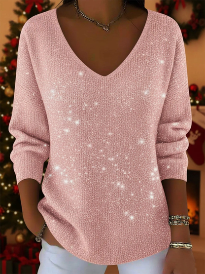 Dames Glitter Sweater met V-hals en Lange Mouwen Roze