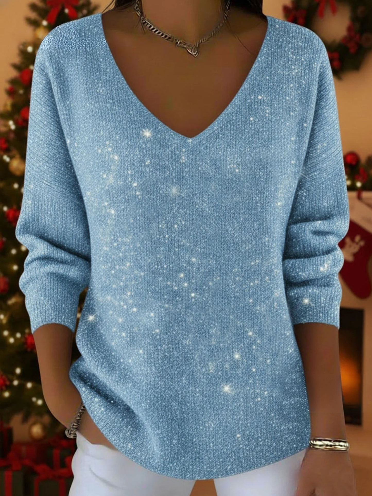 Dames Glitter Sweater met V-hals en Lange Mouwen Blauw
