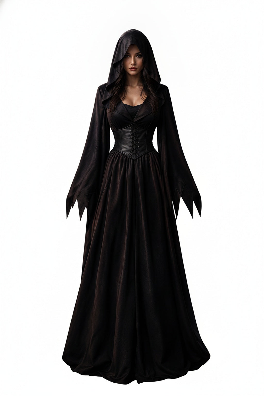 Dames Halloween Gotische Maxi Jurk met Capuchon, Wijdvallende Mouwen en Corset