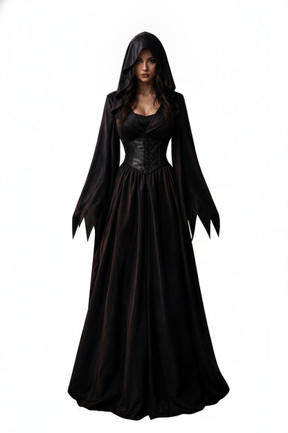 Dames Halloween Gotische Maxi Jurk met Capuchon, Wijdvallende Mouwen en Corset