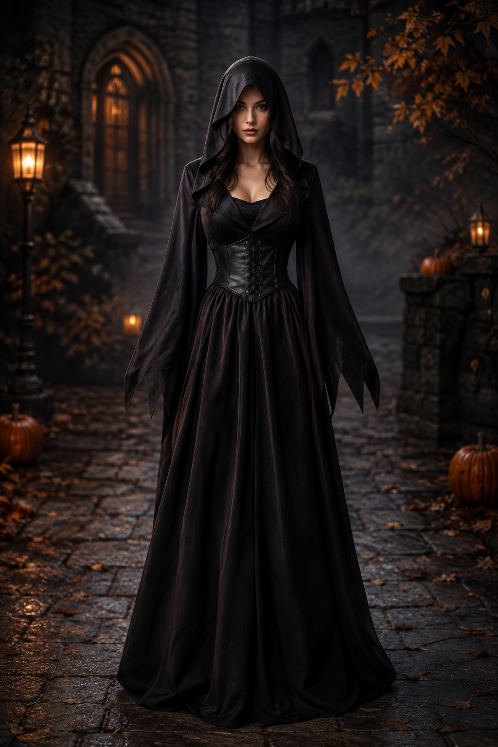 Dames Halloween Gotische Maxi Jurk met Capuchon, Wijdvallende Mouwen en Corset Zwart