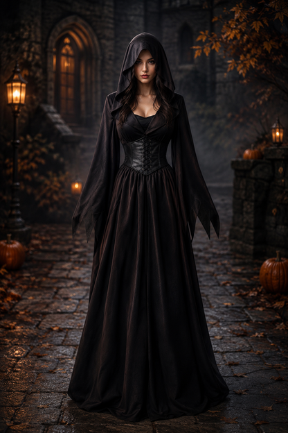 Dames Halloween Gotische Maxi Jurk met Capuchon, Wijdvallende Mouwen en Corset Zwart