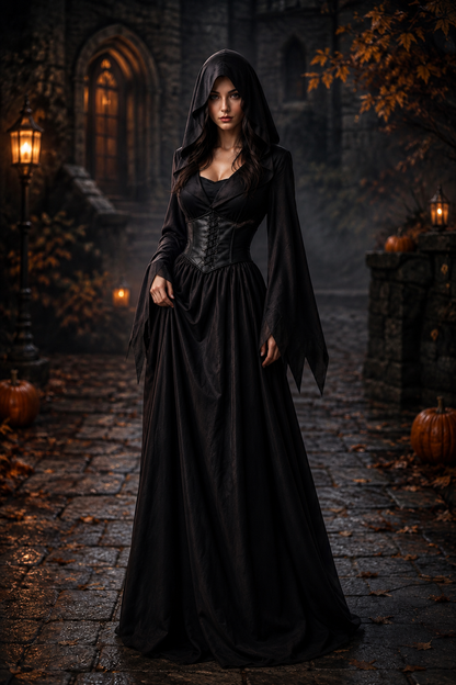Dames Halloween Gotische Maxi Jurk met Capuchon, Wijdvallende Mouwen en Corset