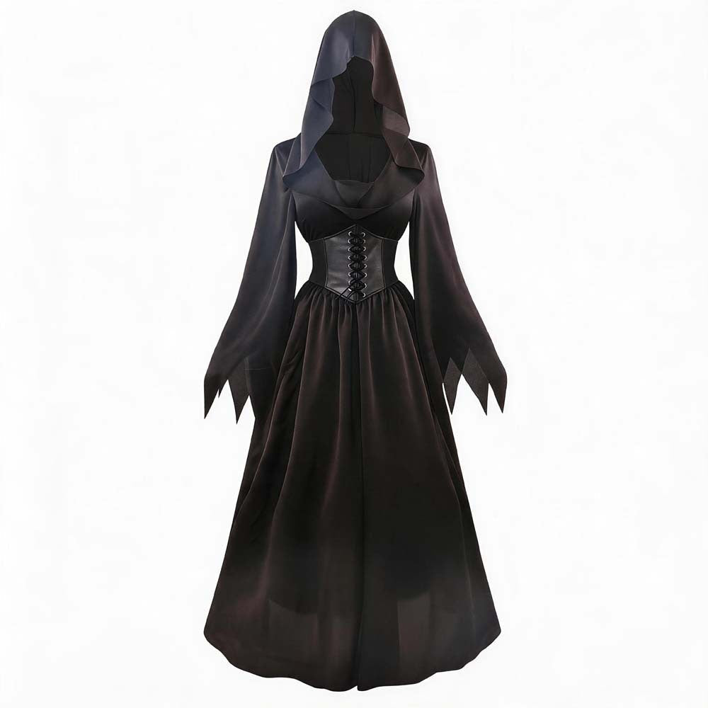 Dames Halloween Gotische Maxi Jurk met Capuchon, Wijdvallende Mouwen en Corset