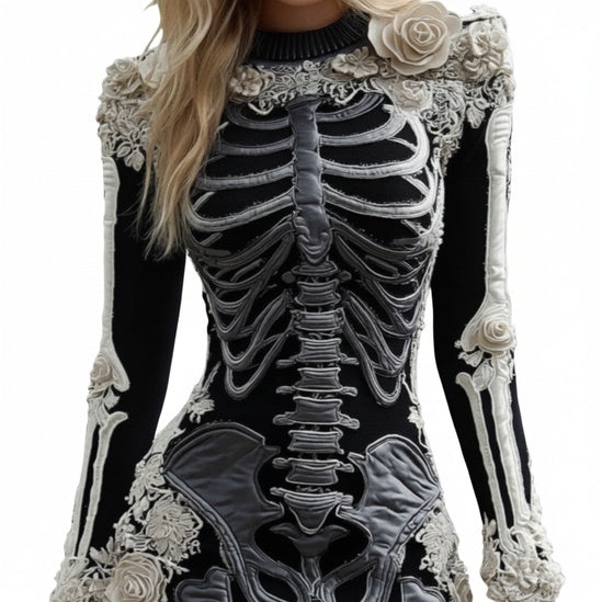 Dames Halloween Jurk Lange Mouw met Skelet en Bloemen Appliqué Bodycon Mini