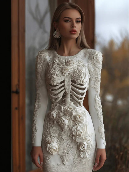Dames Halloween Jurk Lange Mouw met Skelet en Bloemen Appliqué Bodycon Mini Gebroken Wit