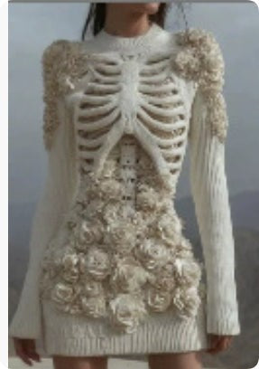 Dames Halloween Jurk Lange Mouw met Skelet en Bloemen Appliqué Bodycon Mini Zacht Wit