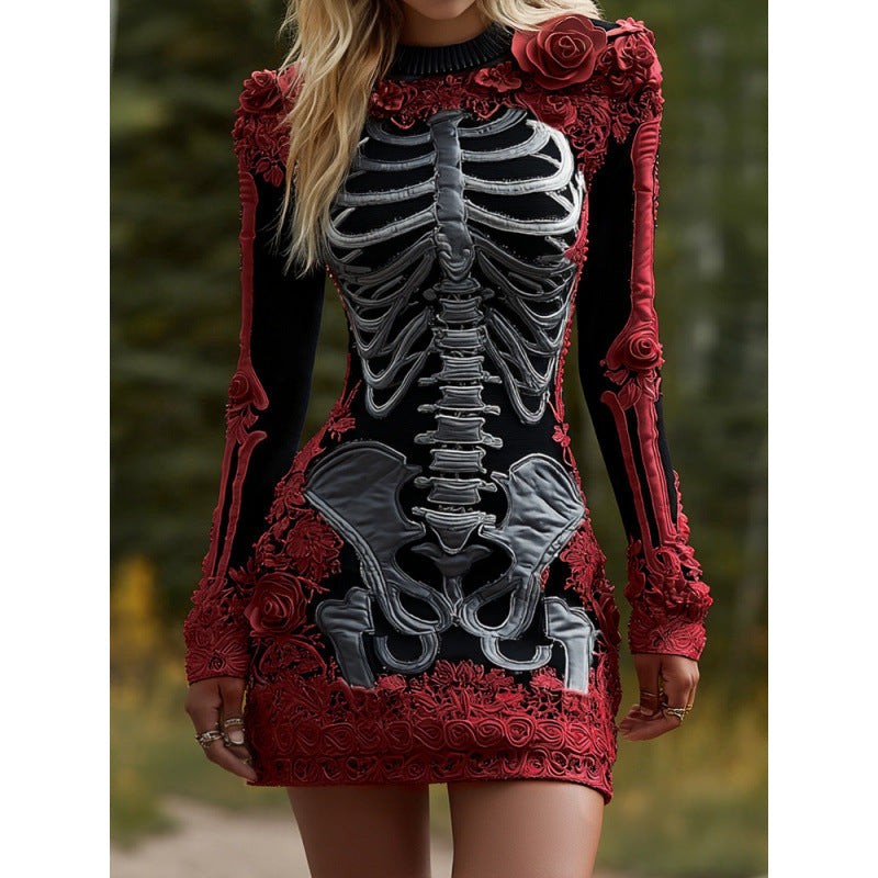 Dames Halloween Jurk Lange Mouw met Skelet en Bloemen Appliqué Bodycon Mini Zwart Rood