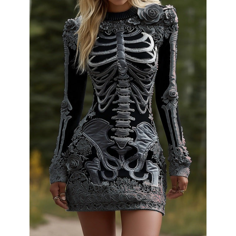 Dames Halloween Jurk Lange Mouw met Skelet en Bloemen Appliqué Bodycon Mini Grijs
