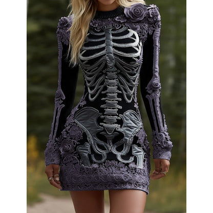 Dames Halloween Jurk Lange Mouw met Skelet en Bloemen Appliqué Bodycon Mini Paars