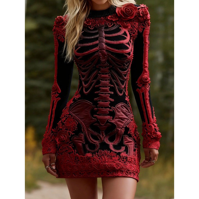 Dames Halloween Jurk Lange Mouw met Skelet en Bloemen Appliqué Bodycon Mini Rood