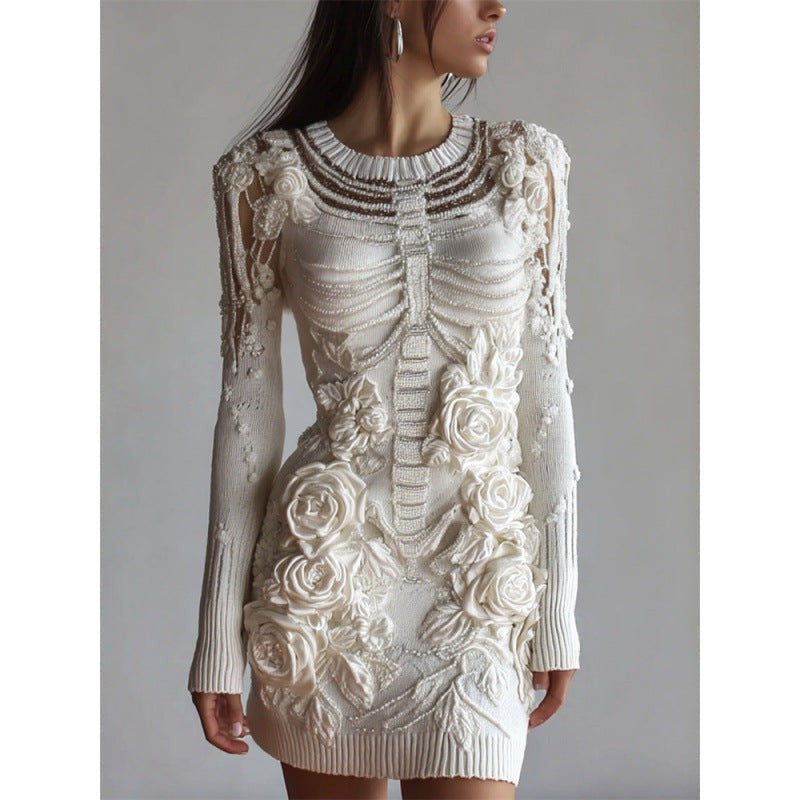 Dames Halloween Jurk Lange Mouw met Skelet en Bloemen Appliqué Bodycon Mini Wit