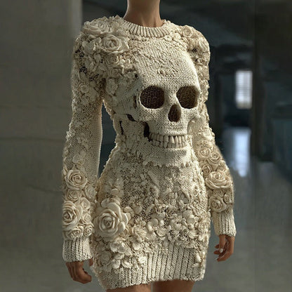 Dames Halloween Jurk Lange Mouw met Skelet en Bloemen Appliqué Bodycon Mini Beige
