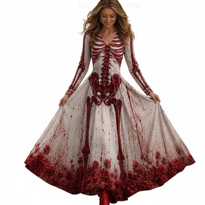 Dames Halloween Maxi Jurk met Lange Mouw, V-hals en Skelet Print
