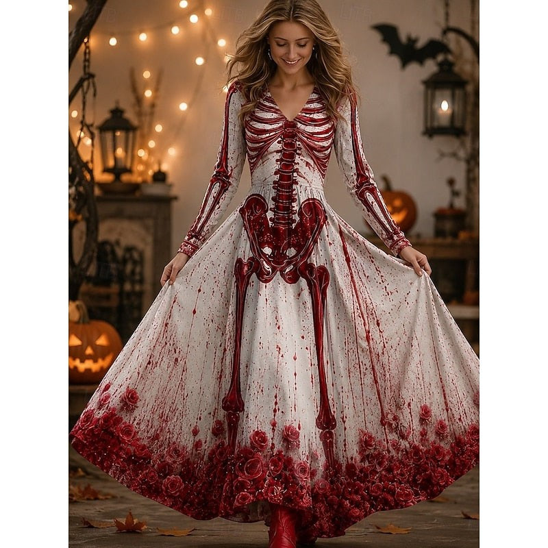 Dames Halloween Maxi Jurk met Lange Mouw, V-hals en Skelet Print Rood Wit