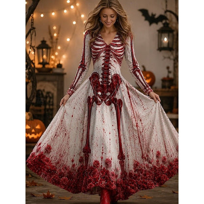 Dames Halloween Maxi Jurk met Lange Mouw, V-hals en Skelet Print Rood Wit