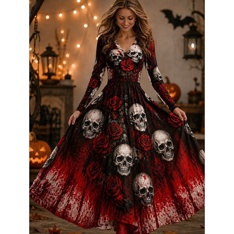 Dames Halloween Maxi Jurk met Lange Mouw, V-hals en Skelet Print Donkerrood Zwart