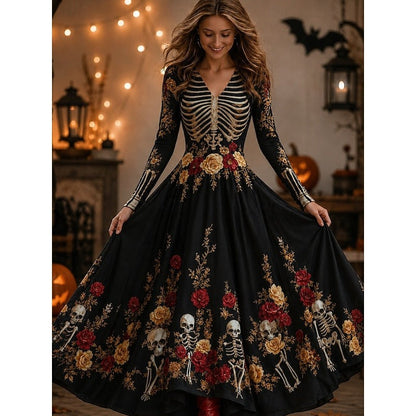 Dames Halloween Maxi Jurk met Lange Mouw, V-hals en Skelet Print Zwart