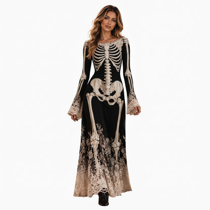 Dames Halloween Maxi Jurk met Skelet Print, Klokmouwen en Kanten Zoom