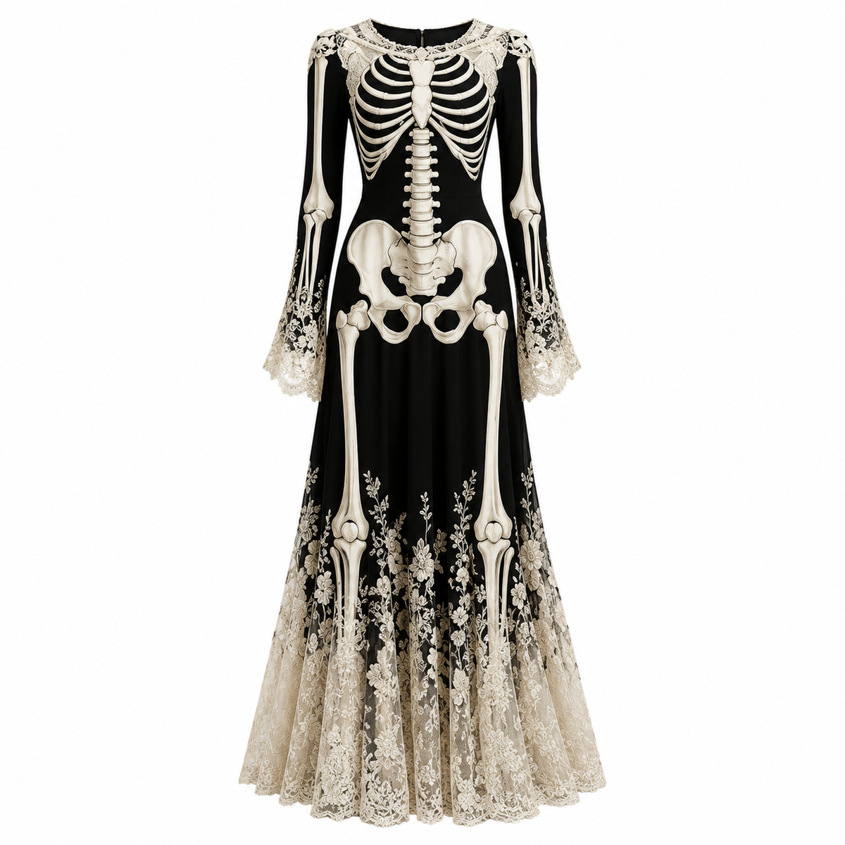 Dames Halloween Maxi Jurk met Skelet Print, Klokmouwen en Kanten Zoom
