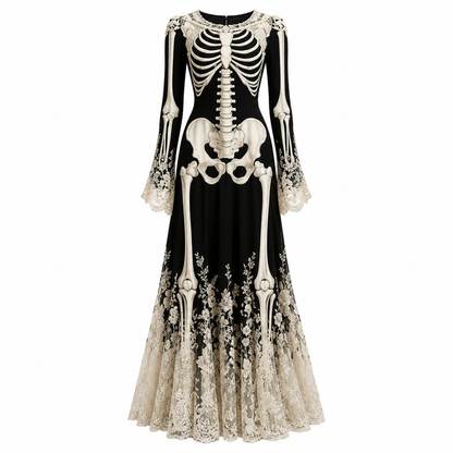 Dames Halloween Maxi Jurk met Skelet Print, Klokmouwen en Kanten Zoom