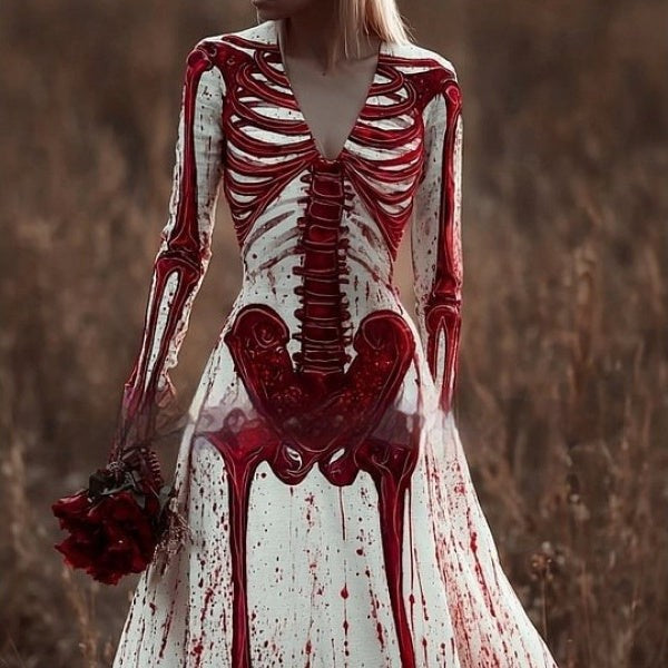 Dames Halloween Maxi Jurk met Skelet Print, Klokmouwen en Kanten Zoom Rood Skelet