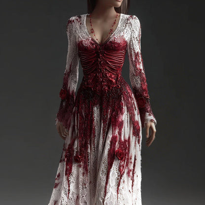 Dames Halloween Maxi Jurk met Skelet Print, Klokmouwen en Kanten Zoom Rood