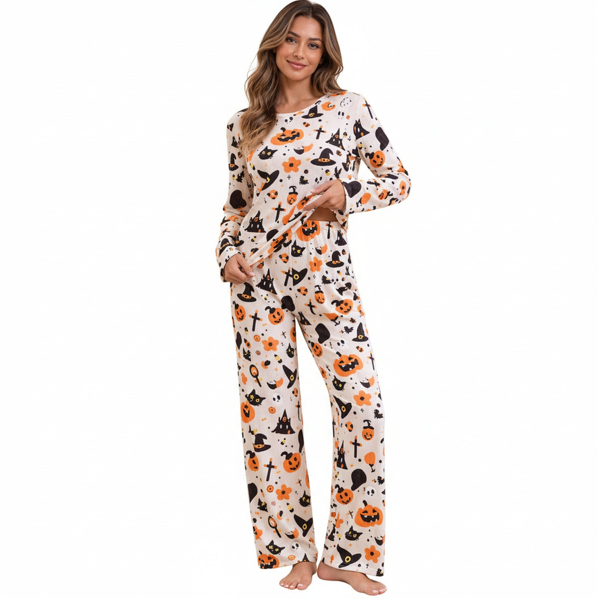 Dames Halloween Pyjama Set met Lange Mouw en Pompoen Print