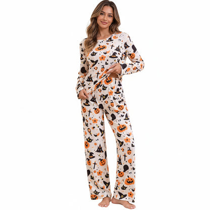 Dames Halloween Pyjama Set met Lange Mouw en Pompoen Print