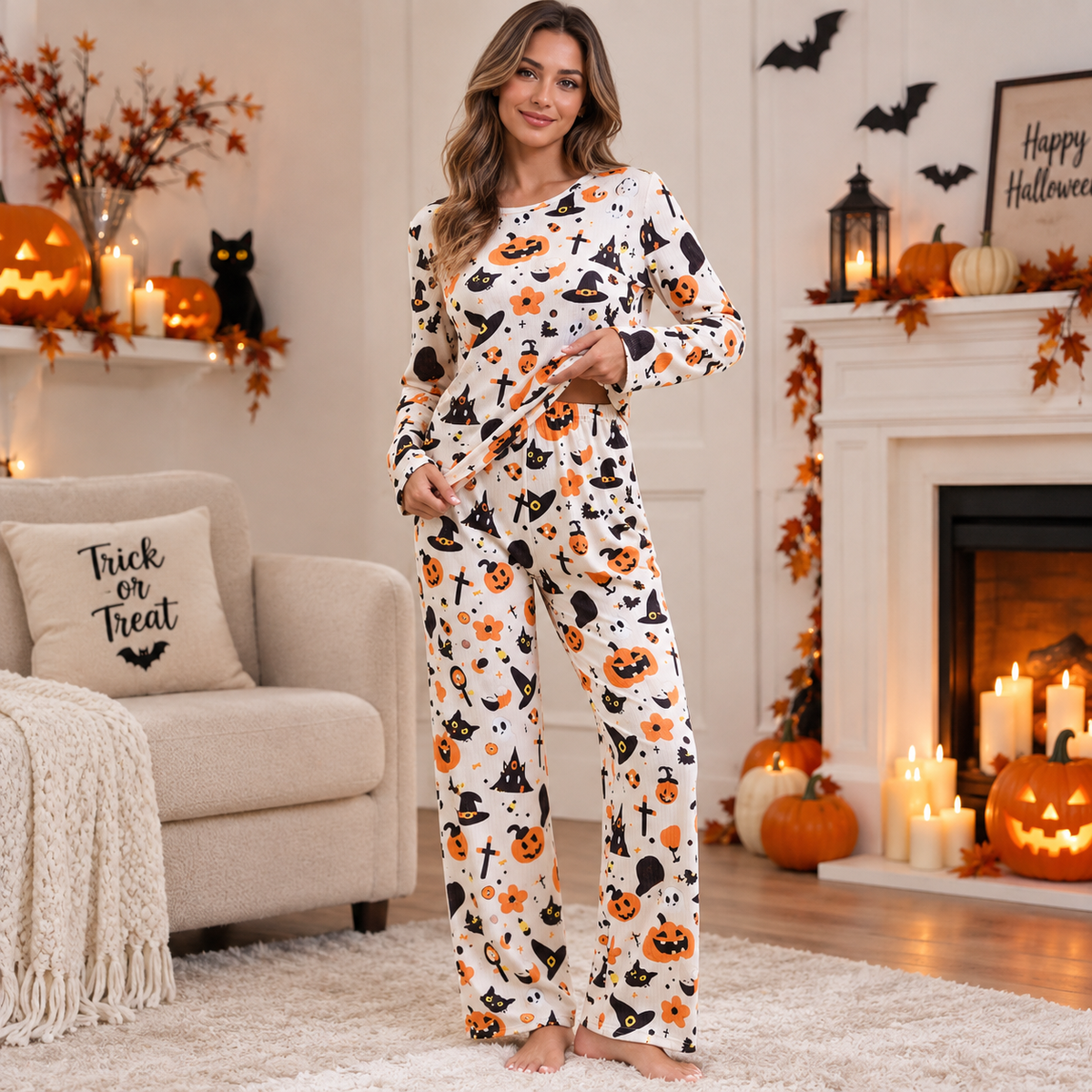 Dames Halloween Pyjama Set met Lange Mouw en Pompoen Print Gebroken Wit