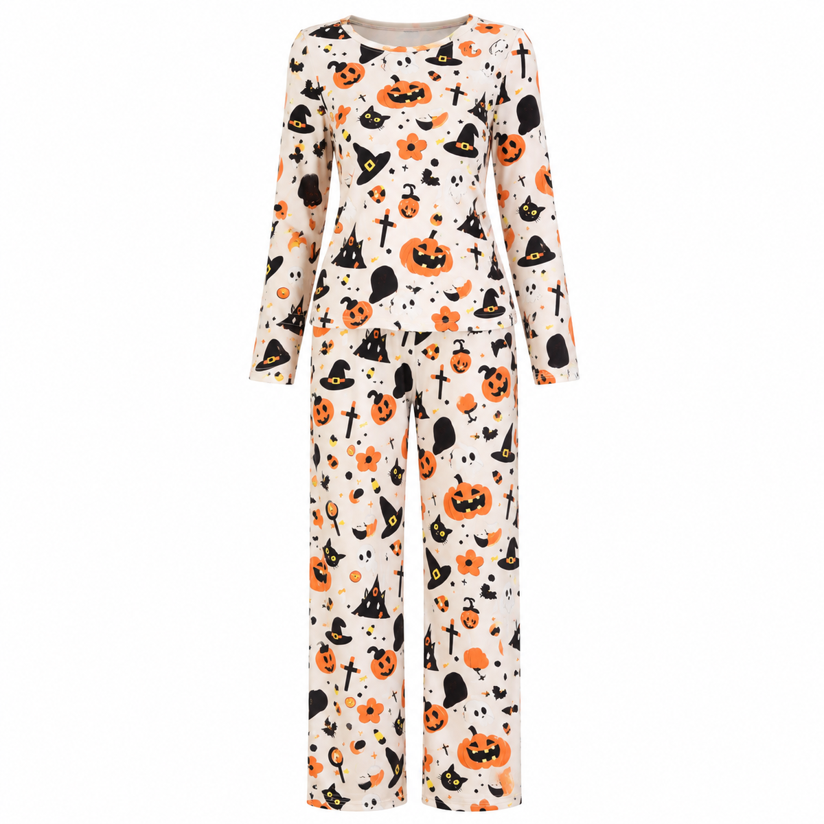 Dames Halloween Pyjama Set met Lange Mouw en Pompoen Print