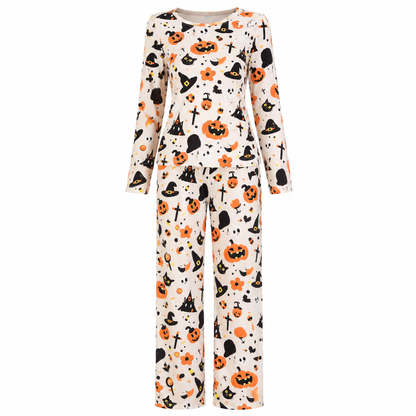 Dames Halloween Pyjama Set met Lange Mouw en Pompoen Print