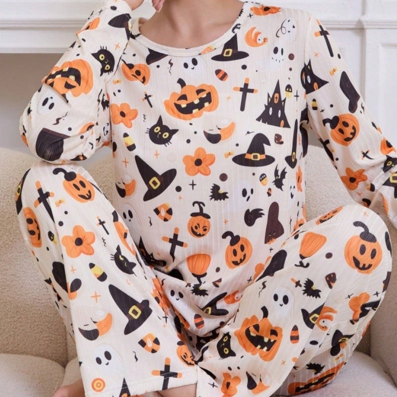 Dames Halloween Pyjama Set met Lange Mouw en Pompoen Print