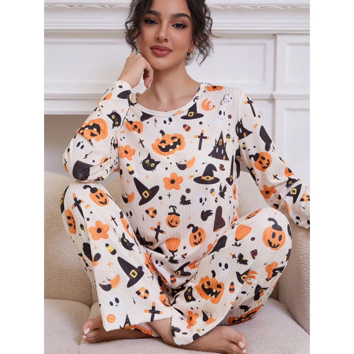 Dames Halloween Pyjama Set met Lange Mouw en Pompoen Print