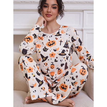 Dames Halloween Pyjama Set met Lange Mouw en Pompoen Print