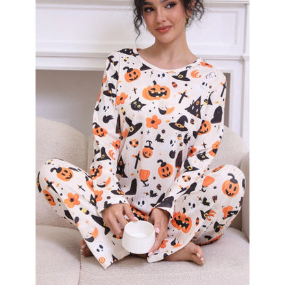 Dames Halloween Pyjama Set met Lange Mouw en Pompoen Print