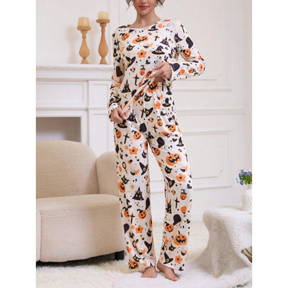 Dames Halloween Pyjama Set met Lange Mouw en Pompoen Print