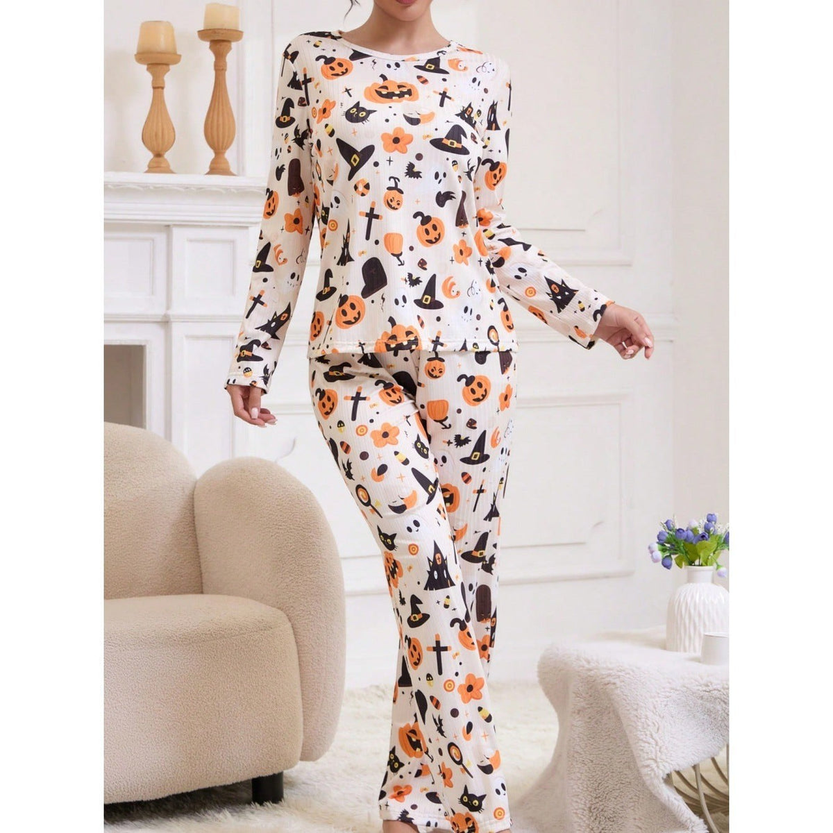 Dames Halloween Pyjama Set met Lange Mouw en Pompoen Print