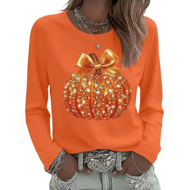 Dames Halloween Shirt Lange Mouw met Pompoen Print en Ronde Hals