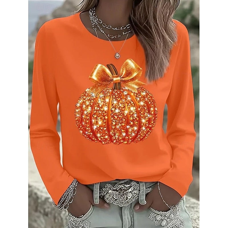 Dames Halloween Shirt Lange Mouw met Pompoen Print en Ronde Hals Oranje