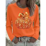 Dames Halloween Shirt Lange Mouw met Pompoen Print en Ronde Hals