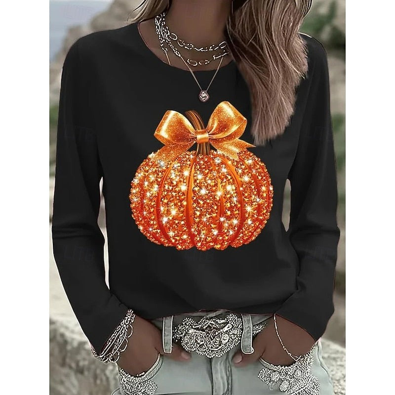 Dames Halloween Shirt Lange Mouw met Pompoen Print en Ronde Hals Zwart