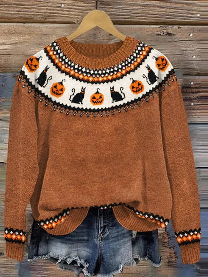 Dames Halloween Sweater met Ronde Hals en Fair Isle Patroon Rustic Pumpkin