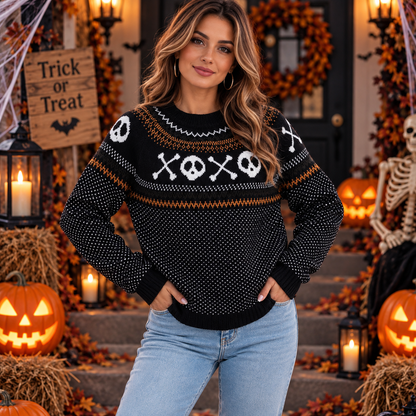 Dames Halloween Sweater met Ronde Hals en Schedel Kruisbeenprint Oversized Schedel Zwart