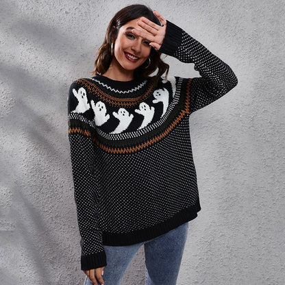 Dames Halloween Sweater met Ronde Hals en Schedel Kruisbeenprint Oversized Spook Zwart