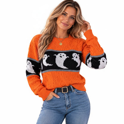 Dames Halloween Sweater met Ronde Hals, Spookprint en Lange Mouwen