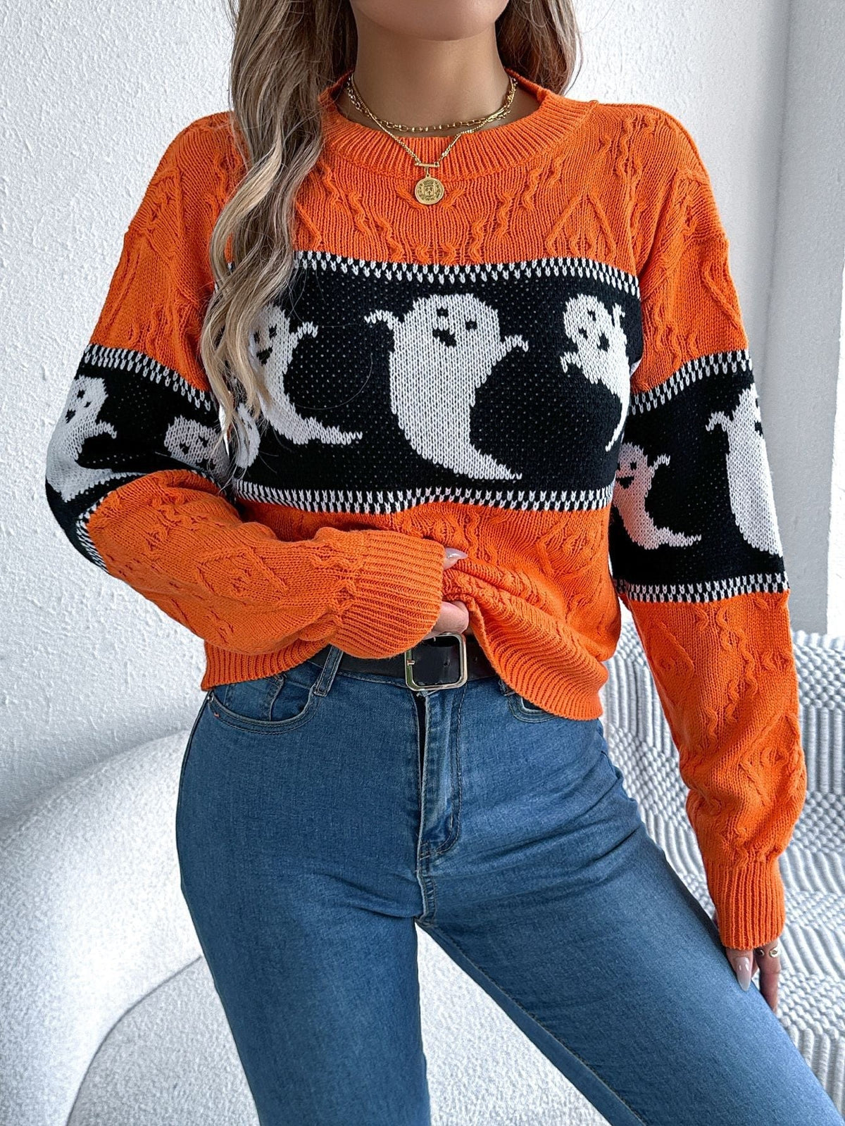 Dames Halloween Sweater met Ronde Hals, Spookprint en Lange Mouwen Oranje