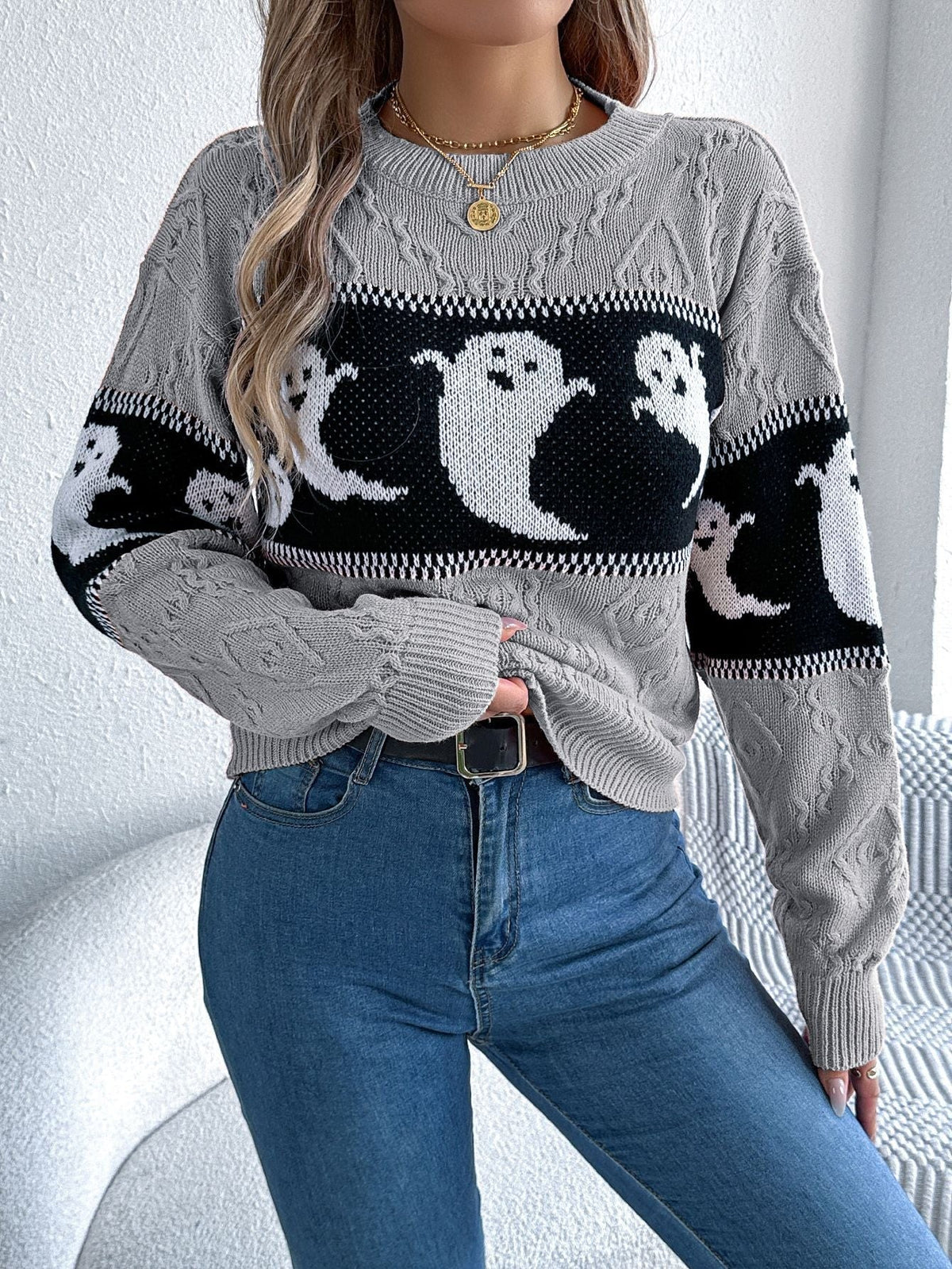 Dames Halloween Sweater met Ronde Hals, Spookprint en Lange Mouwen Grijs