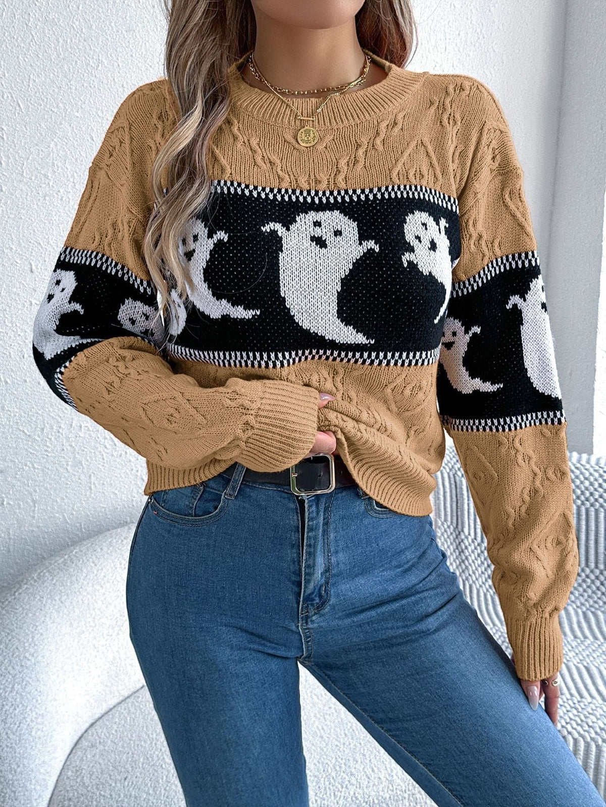 Dames Halloween Sweater met Ronde Hals, Spookprint en Lange Mouwen Khaki
